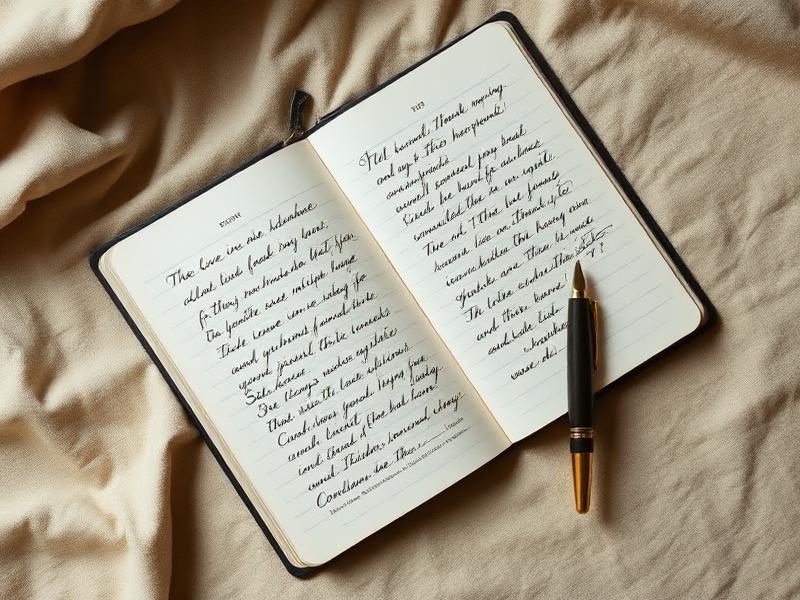 Open notebook with cursive handwriting and a fountain pen